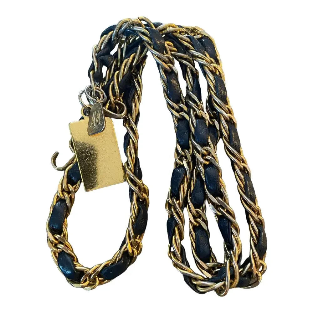Morris Moskowitz Vintage Gold Chain Navy Blue Leather Hook Belt 39.5